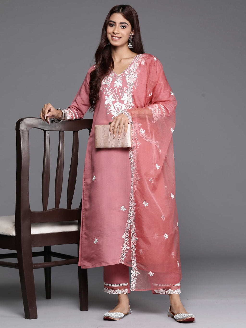 Indo Era Rust Embroidered Straight Kurta Trousers With Dupatta set - Distacart