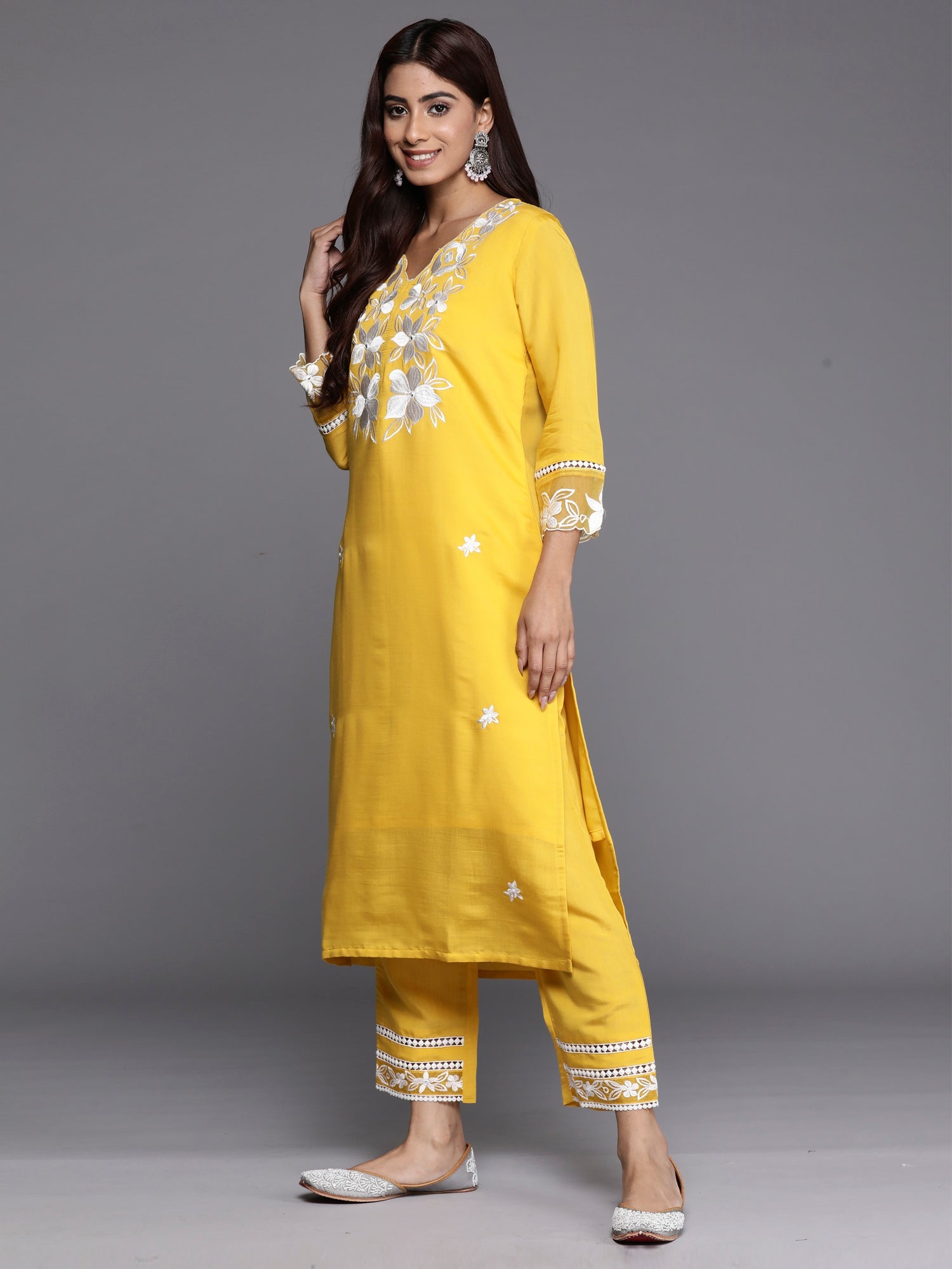 Indo Era Yellow Embroidered Straight Kurta Trousers With Dupatta set - Distacart