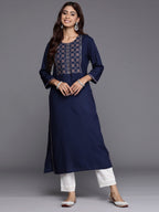 Indo Era Navy Blue Embroidered Straight Kurta - Distacart