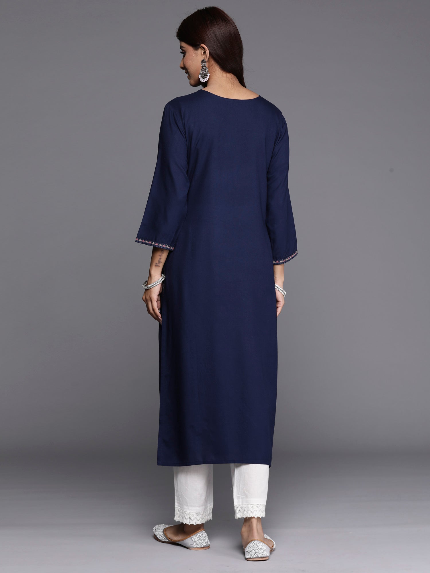 Indo Era Navy Blue Embroidered Straight Kurta - Distacart
