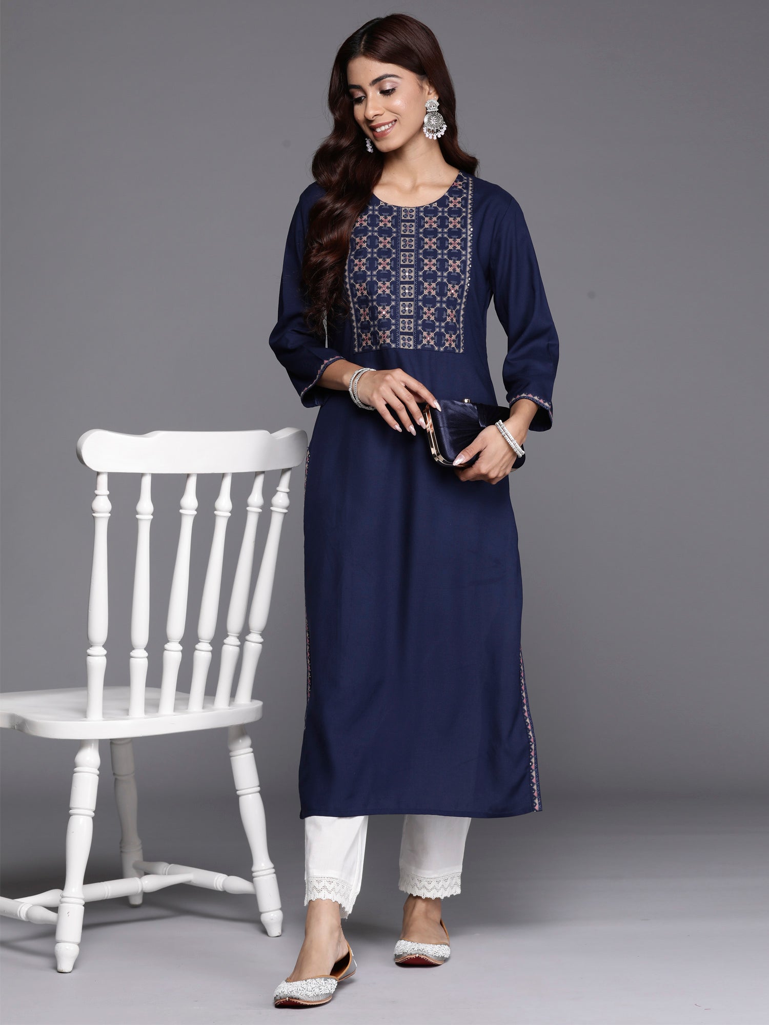 Indo Era Navy Blue Embroidered Straight Kurta - Distacart