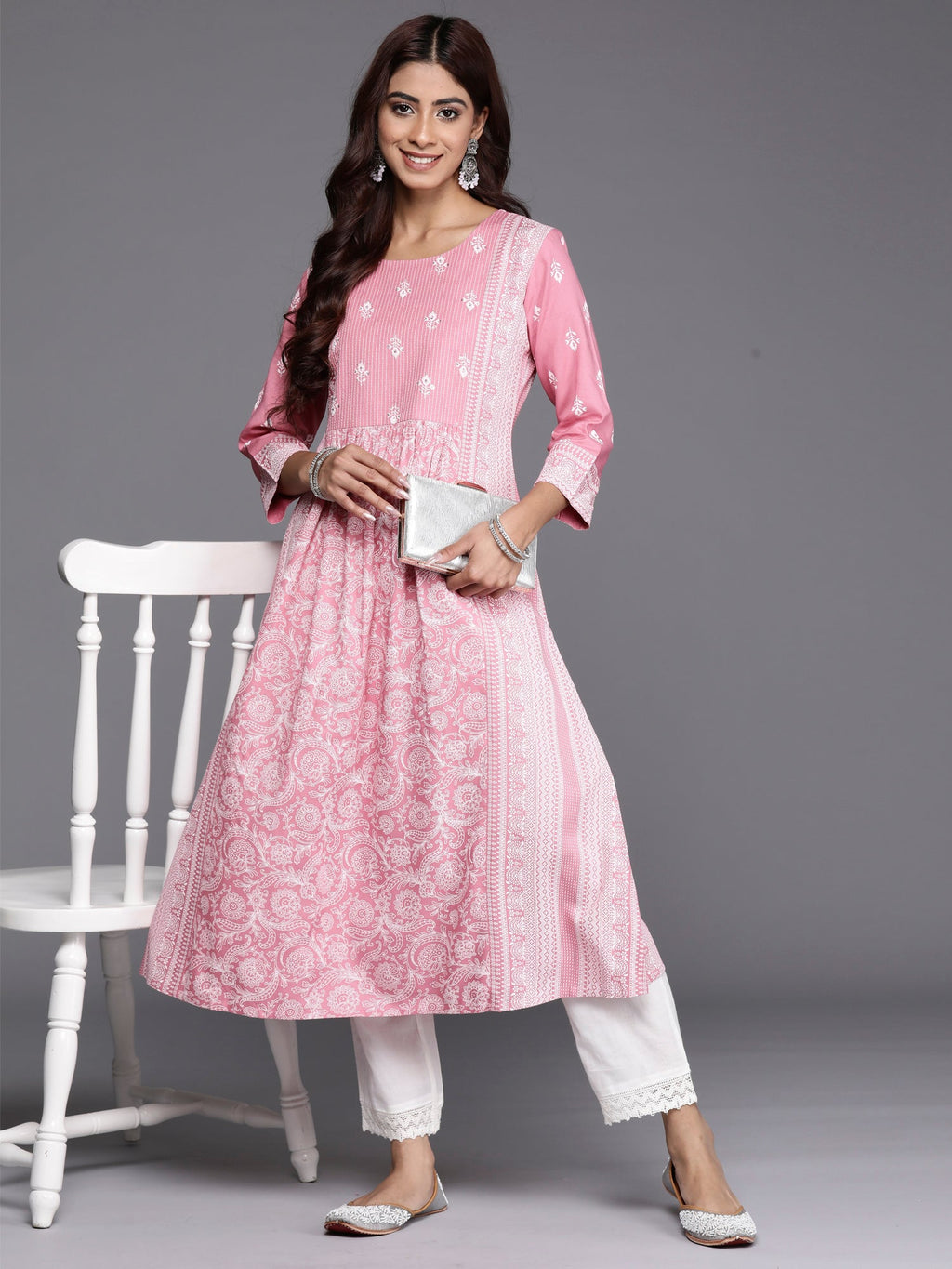 Indo Era Pink Printed A-Line Kurta - Distacart