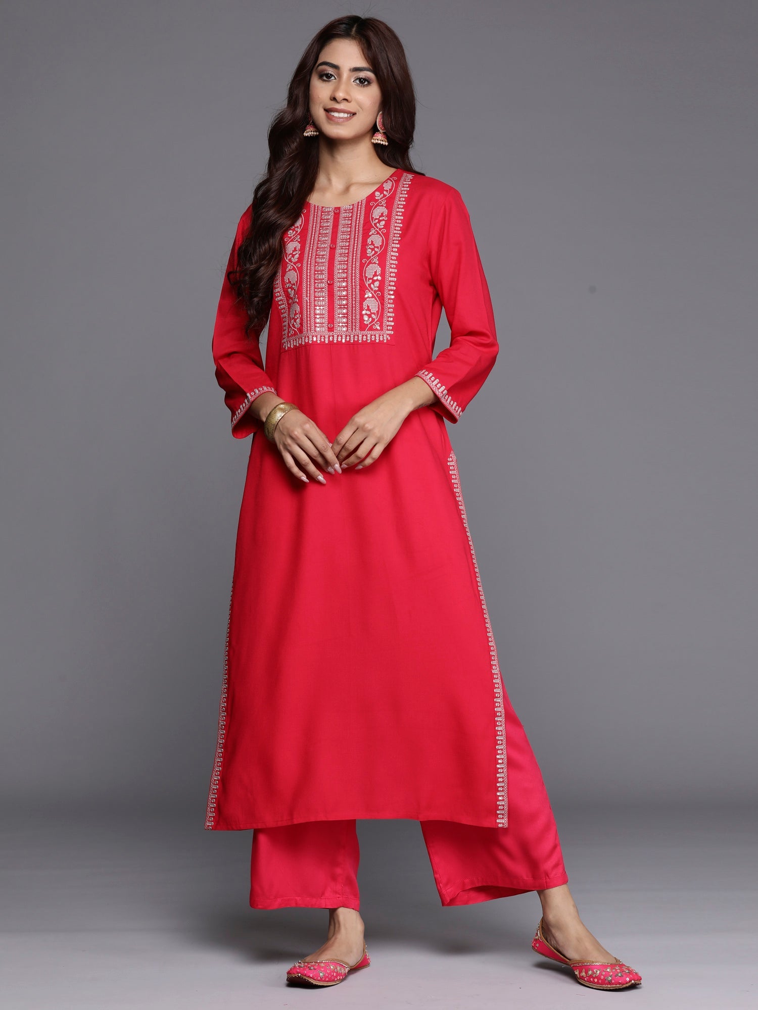 Indo Era Magenta Embroidered Straight Kurta - Distacart