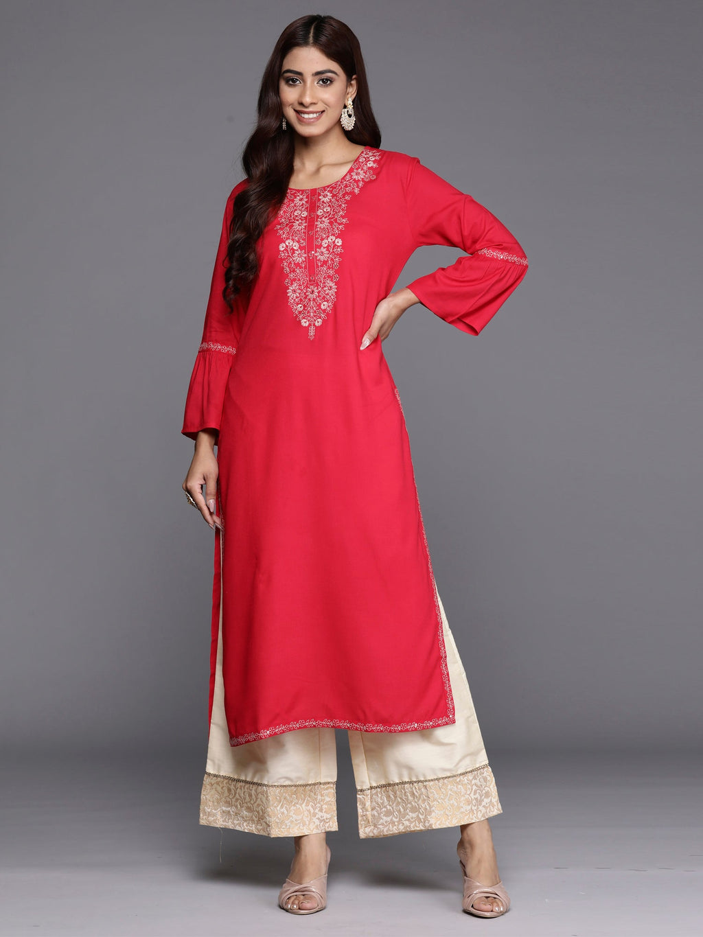 Indo Era Magenta Embroidered Straight Kurta - Distacart