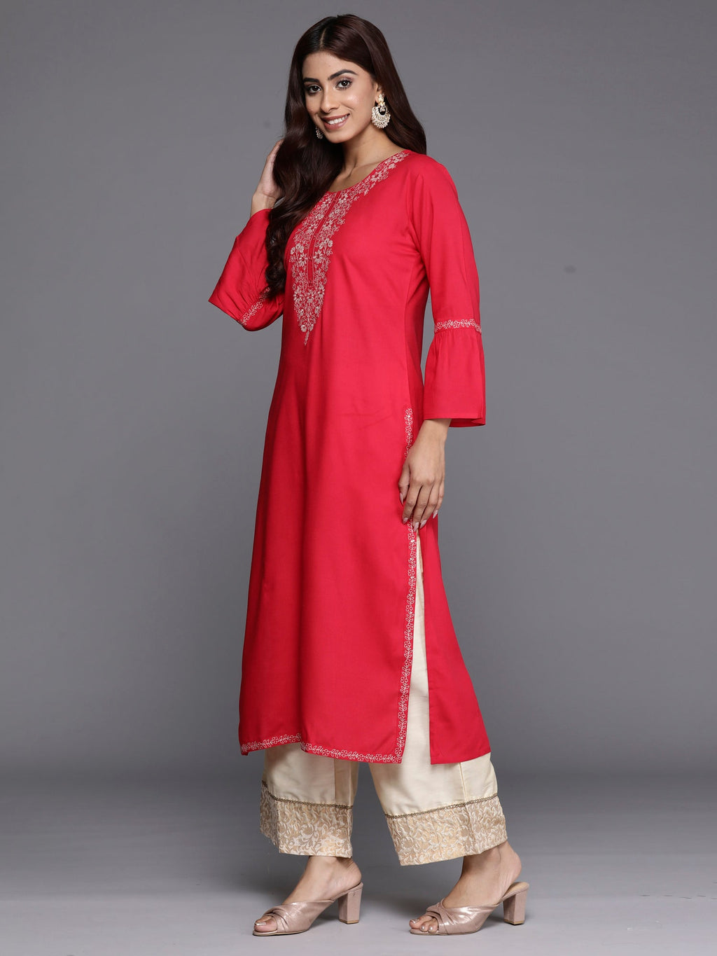 Indo Era Magenta Embroidered Straight Kurta - Distacart
