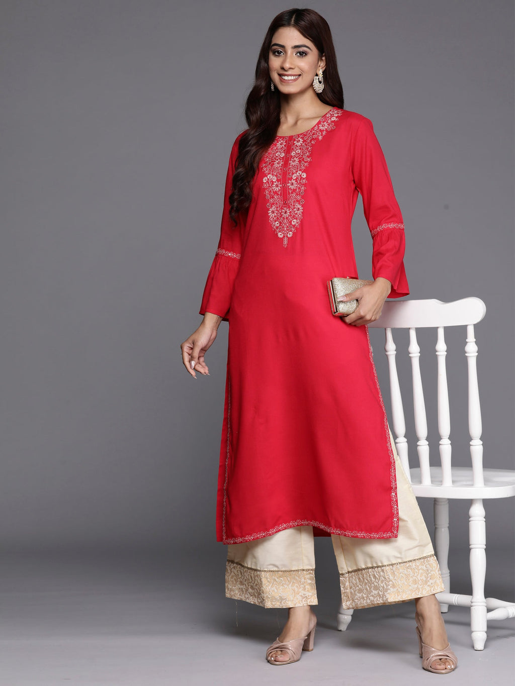 Indo Era Magenta Embroidered Straight Kurta - Distacart