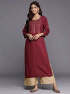 Indo Era Burgundy Embroidered Straight Kurta - Distacart