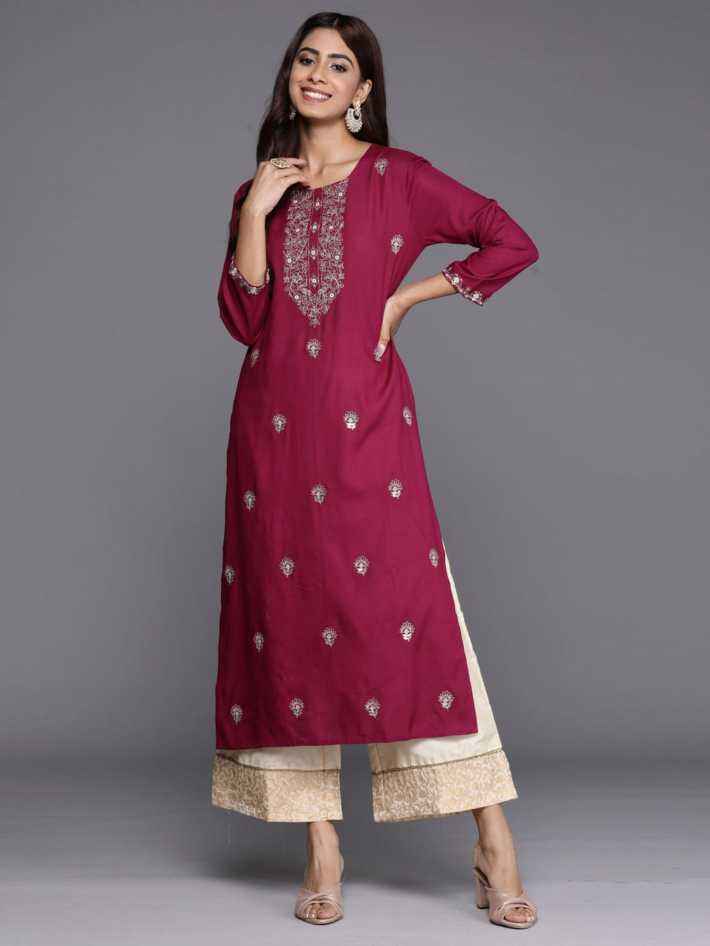 Indo Era Burgundy Embroidered Straight Kurta - Distacart