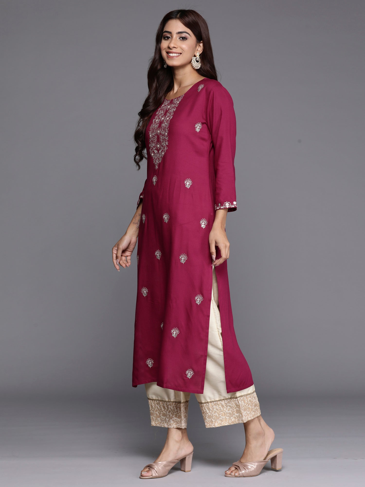 Indo Era Burgundy Embroidered Straight Kurta - Distacart