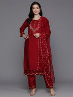 Indo Era Magenta Embroidered A-Line Kurta Trousers With Dupatta Set - Distacart