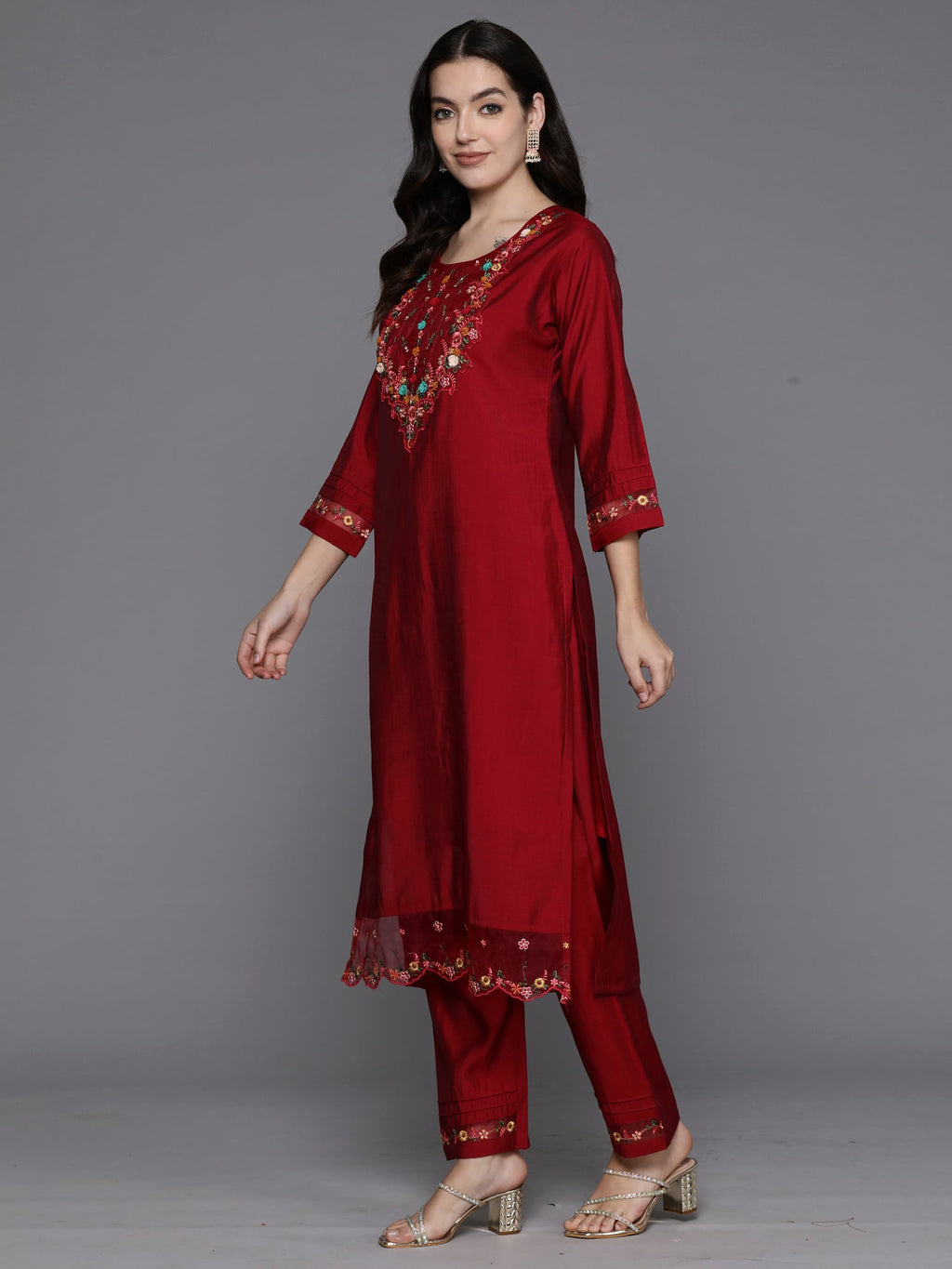 Indo Era Magenta Embroidered A-Line Kurta Trousers With Dupatta Set - Distacart