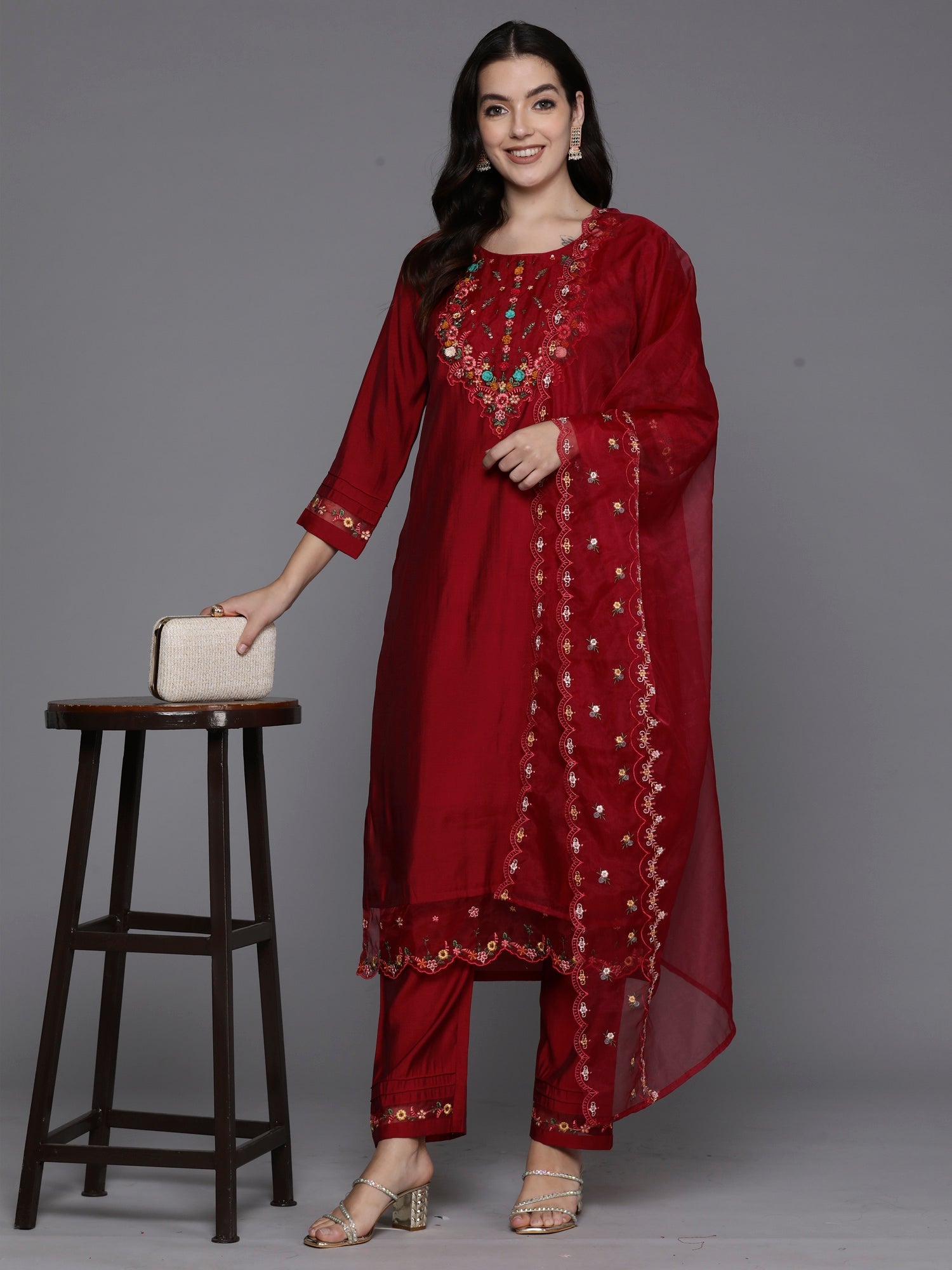 Indo Era Magenta Embroidered A-Line Kurta Trousers With Dupatta Set - Distacart