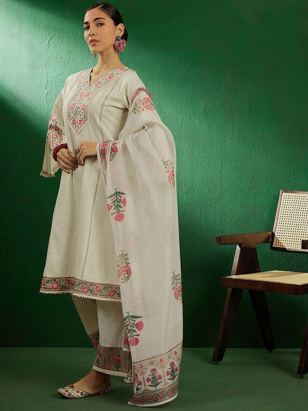 Sangria Off White Floral Embroidered Pure Cotton Kurta With Palazzo & Dupatta