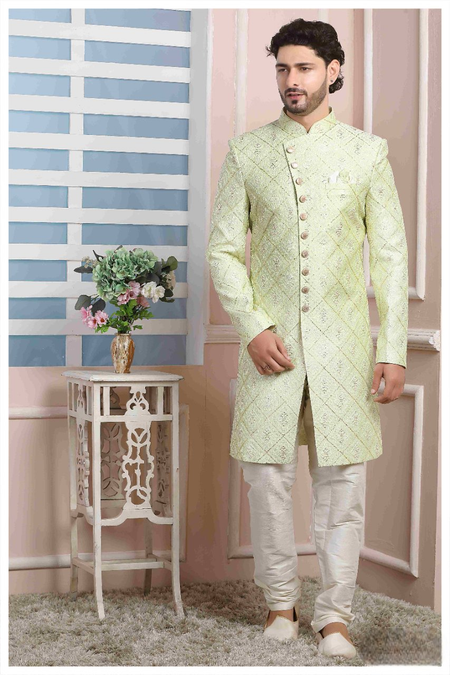 Raivat Ethnic Art Silk Thread Work Indo Western In Pista Green Colour