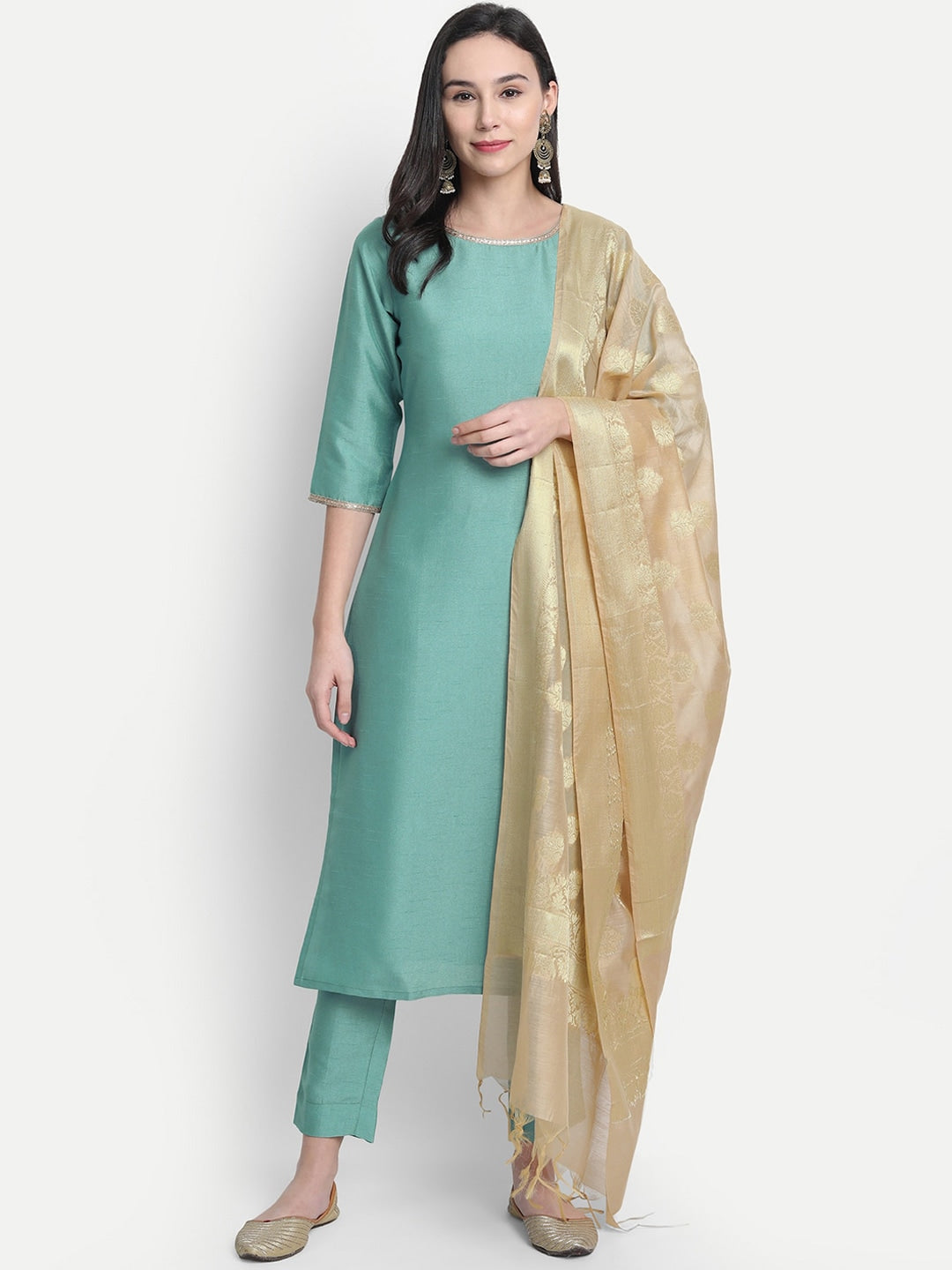 Janasya Green Solid Straight Kurta & Trousers With Dupatta - Distacart