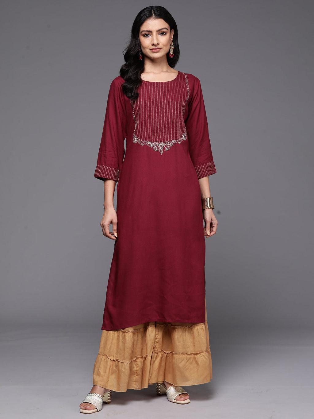 Indo Era Burgundy Embroidered Straight Kurta - Distacart