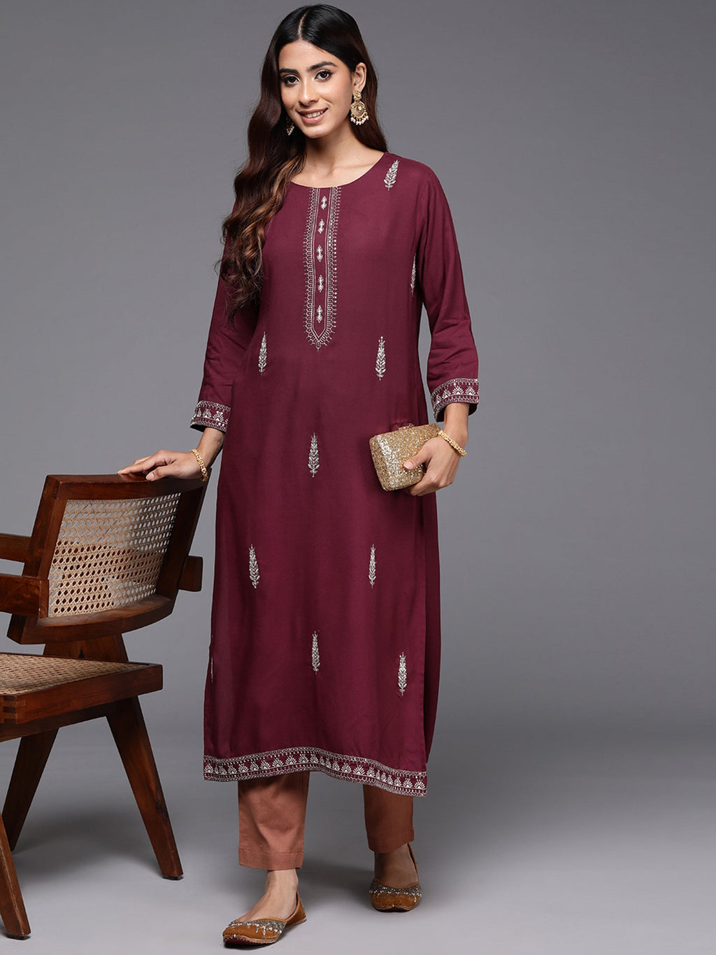 Indo Era Maroon Embroidered Straight Kurta - Distacart