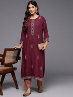 Indo Era Maroon Embroidered Straight Kurta - Distacart