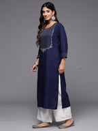 Indo Era Navy Blue Embroidered Straight Kurta - Distacart