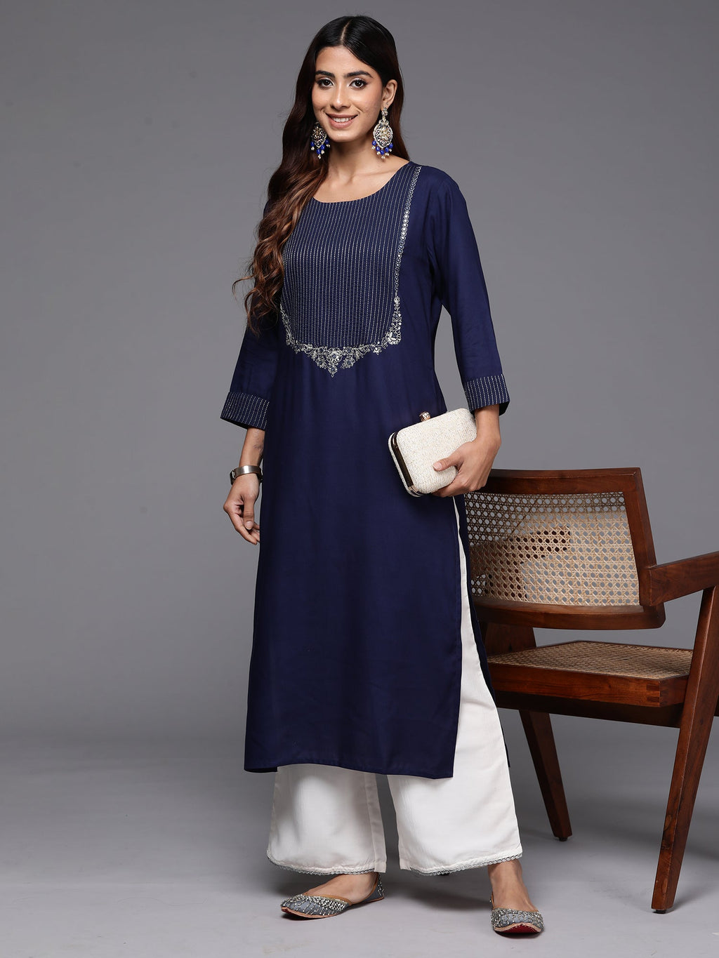 Indo Era Navy Blue Embroidered Straight Kurta - Distacart