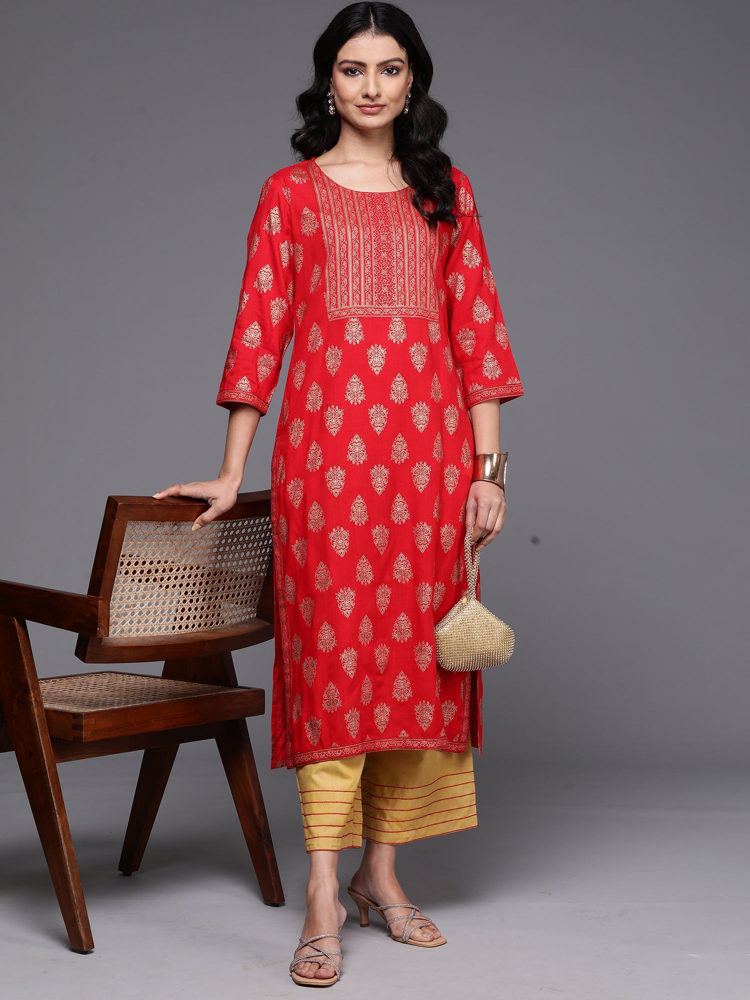Indo Era Red Printed Straight Kurta - Distacart