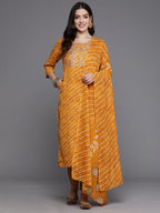 Indo Era Mustard Printed Straight Kurta Trousers With Dupatta set - Distacart