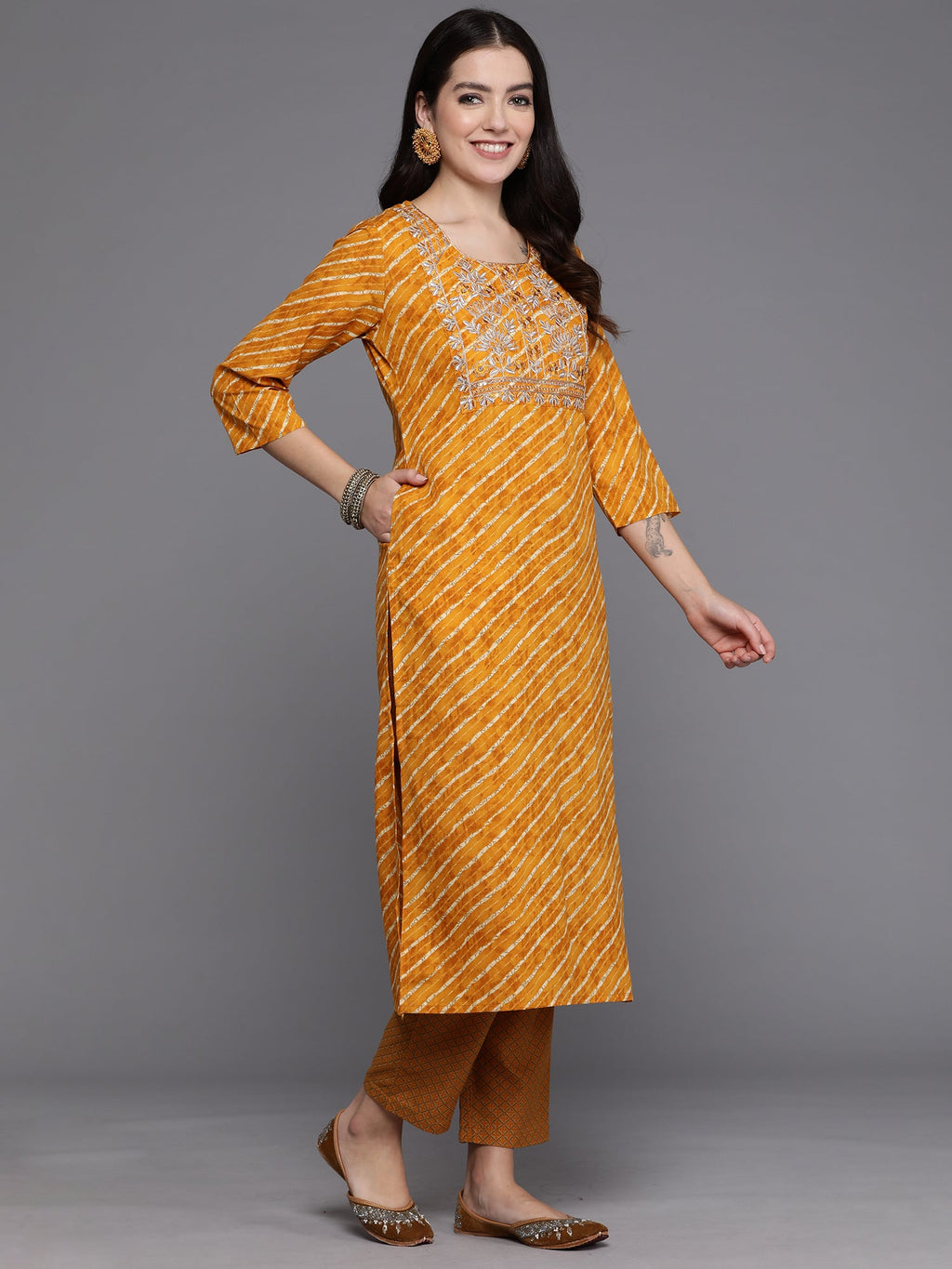 Indo Era Mustard Printed Straight Kurta Trousers With Dupatta set - Distacart