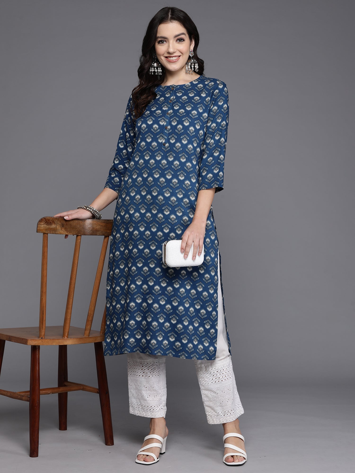 Indo Era Navy Blue Printed Straight Kurta - Distacart