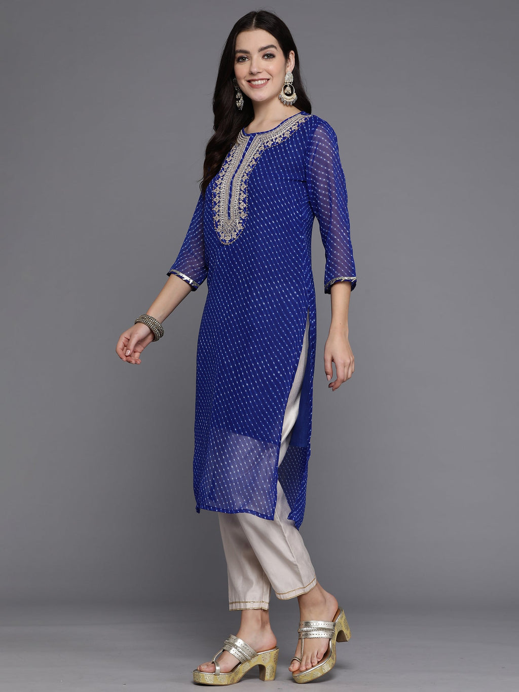 Indo Era Blue Printed Straight Kurta - Distacart