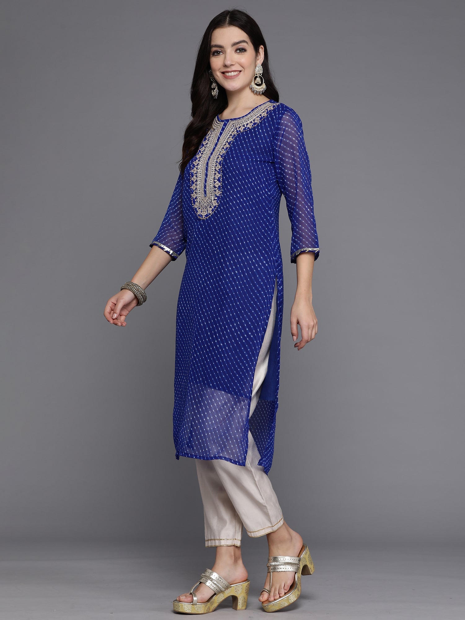 Indo Era Blue Printed Straight Kurta - Distacart