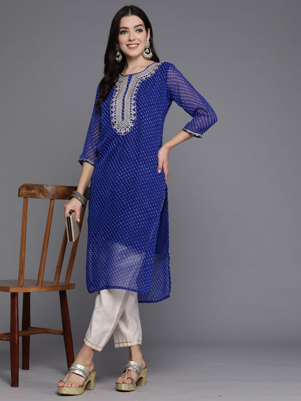 Indo Era Blue Printed Straight Kurta - Distacart