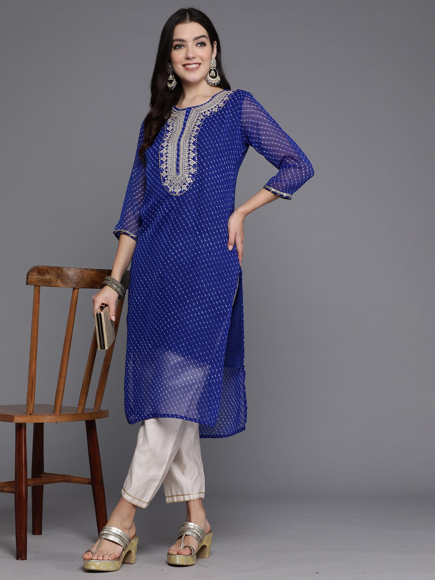 Indo Era Blue Printed Straight Kurta - Distacart