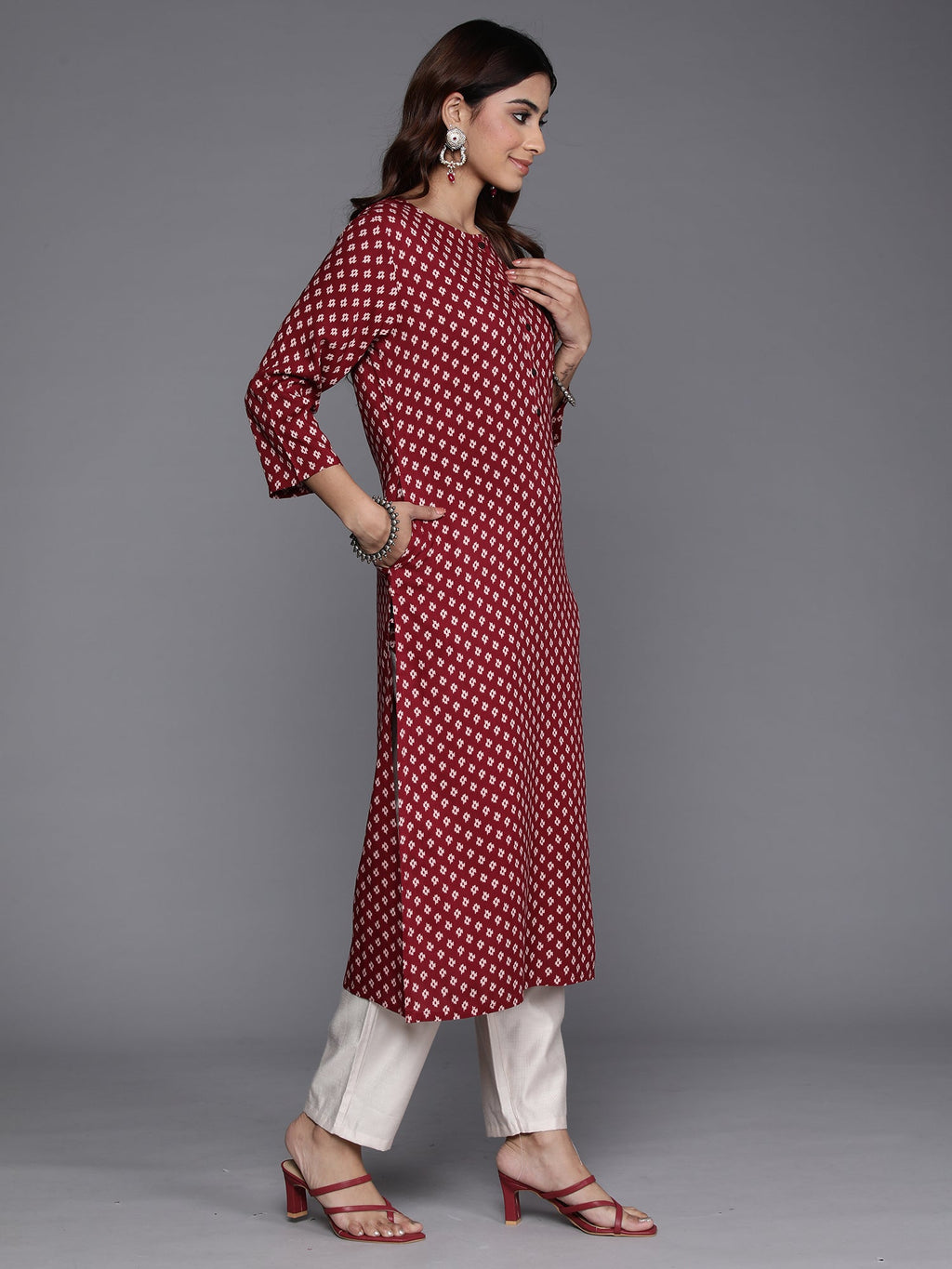 Indo Era Maroon Printed Straight Kurta - Distacart
