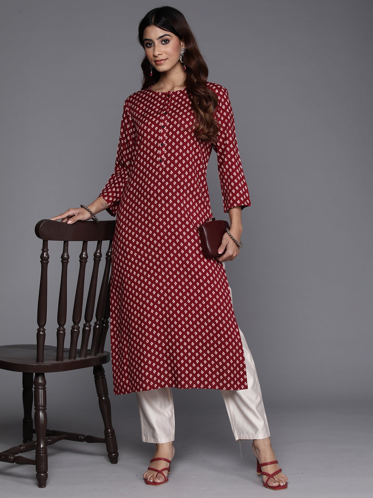 Indo Era Maroon Printed Straight Kurta - Distacart