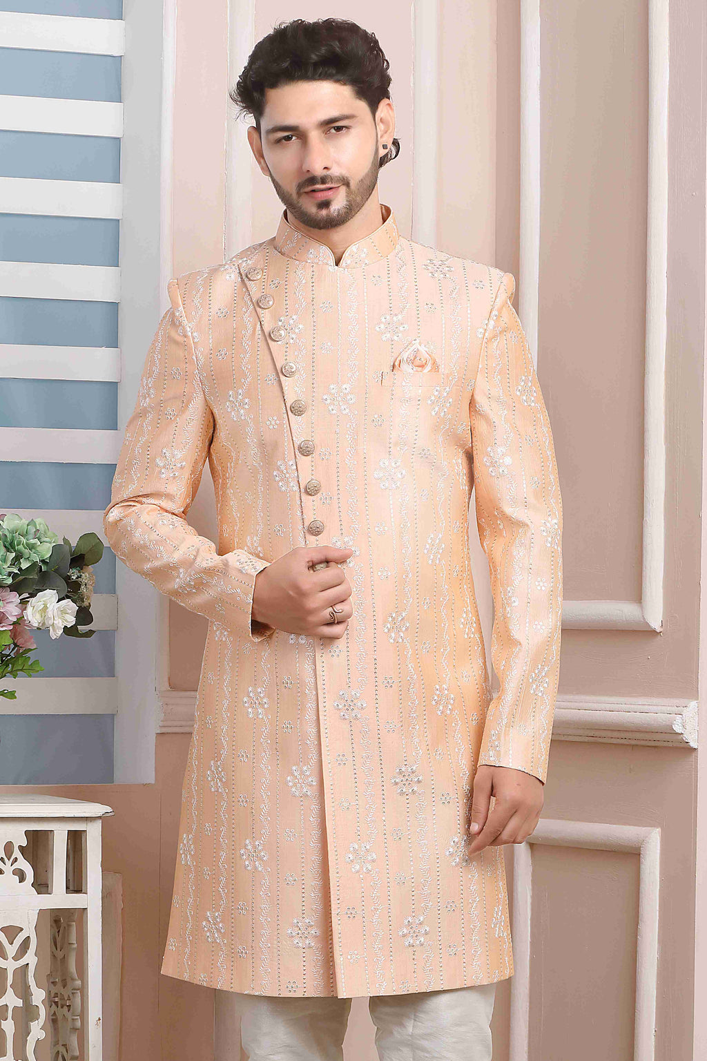 Raivat Ethnic Art Silk Thread Work Indo Western In Peach Colour - Distacart