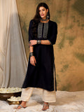 Indo Era Navy Blue Embroidered Straight Kurta - Distacart
