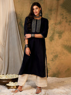 Indo Era Navy Blue Embroidered Straight Kurta - Distacart