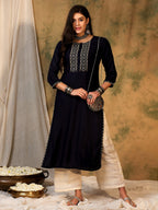 Indo Era Navy Blue Embroidered Straight Kurta - Distacart