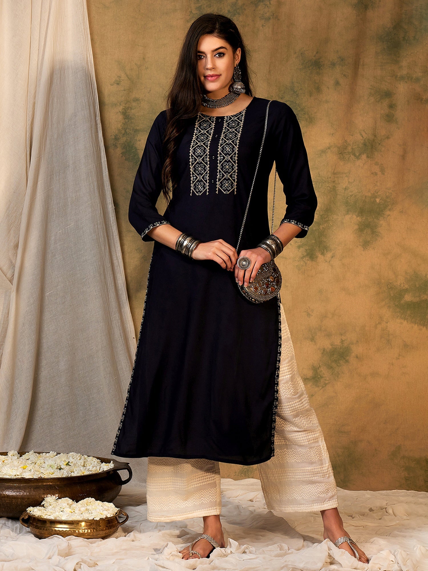 Indo Era Navy Blue Embroidered Straight Kurta - Distacart
