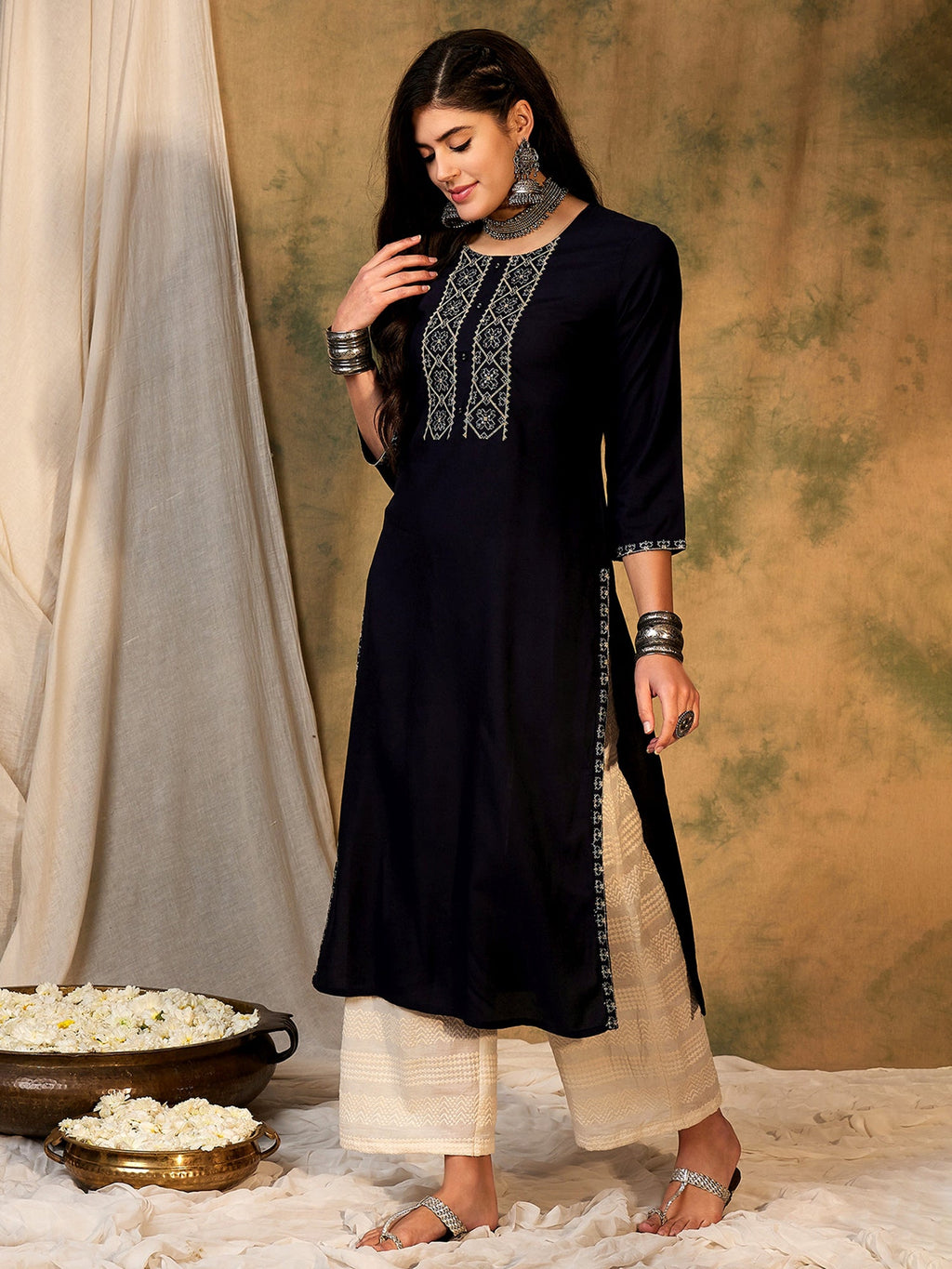 Indo Era Navy Blue Embroidered Straight Kurta - Distacart
