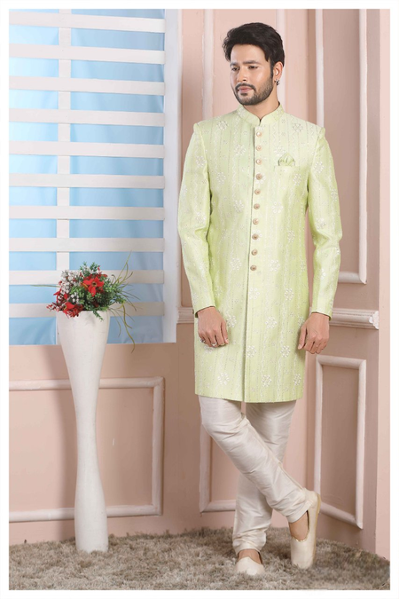 Raivat Ethnic Art Silk Thread Work Indo Western In Pista Green Colour