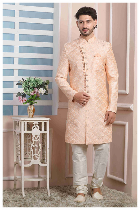 Raivat Ethnic Art Silk Thread Work Indo Western In Peach Colour