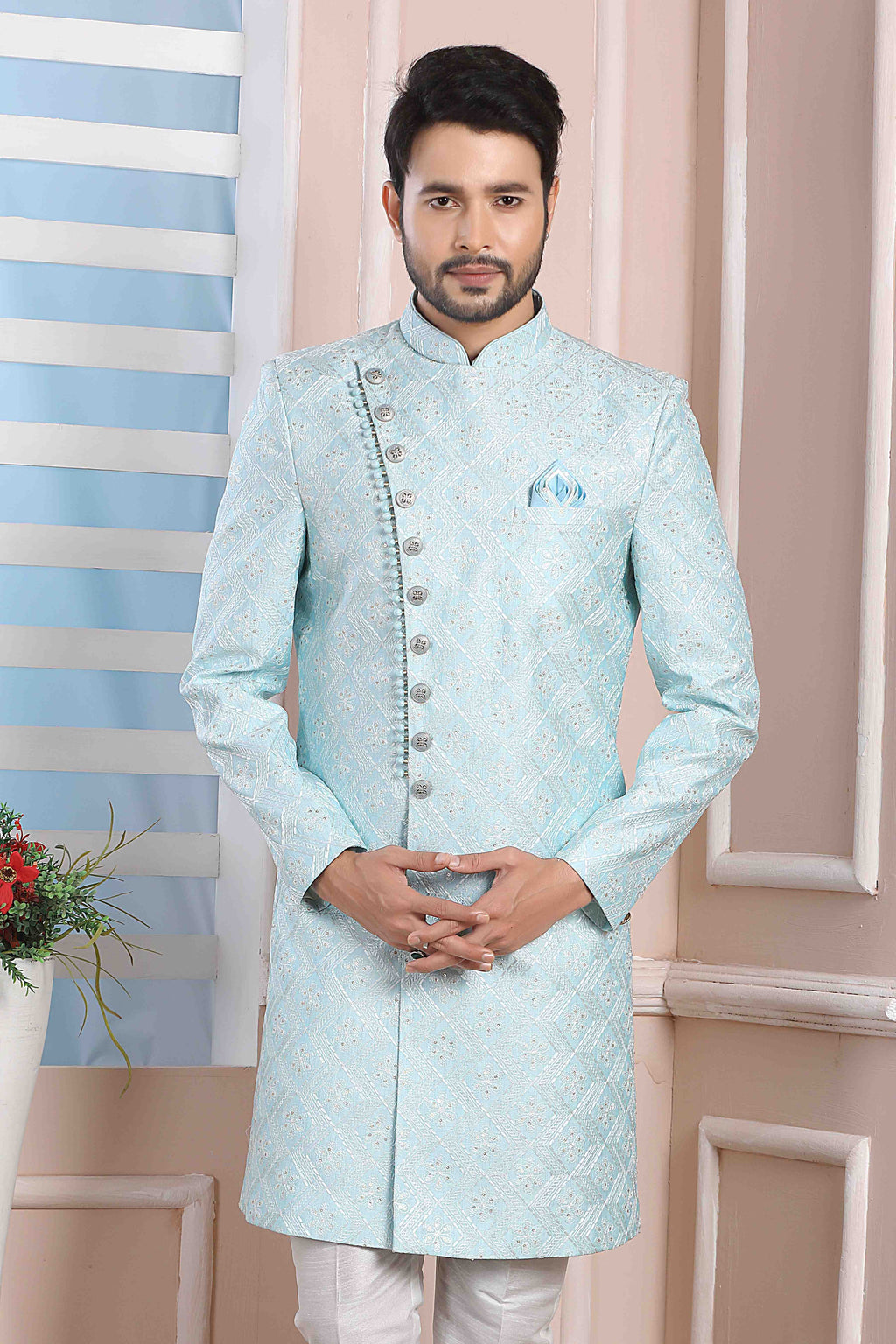 Raivat Ethnic Art Silk Thread Work Indo Western In Sky Blue Colour - Distacart