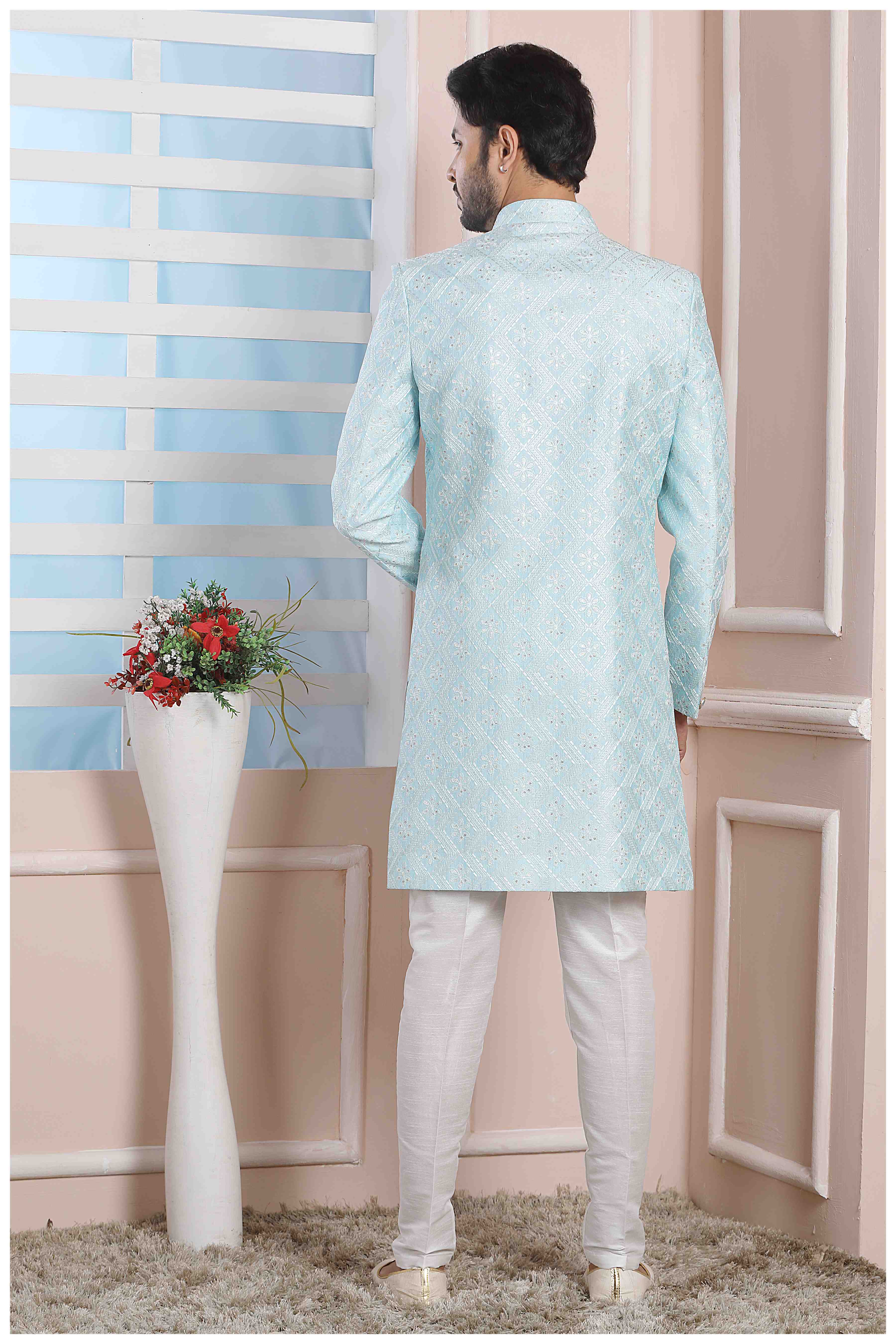 Raivat Ethnic Art Silk Thread Work Indo Western In Sky Blue Colour - Distacart