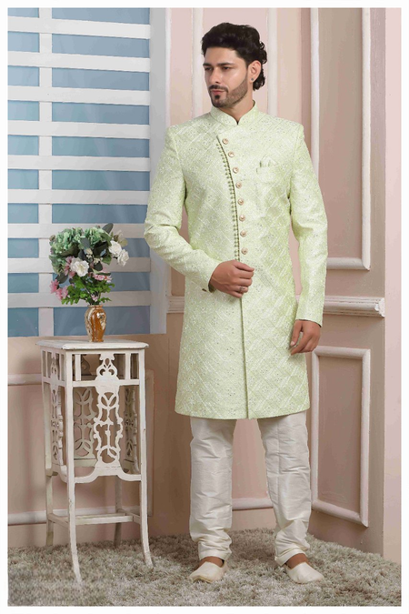 Raivat Ethnic Art Silk Thread Work Indo Western In Pista Green Colour
