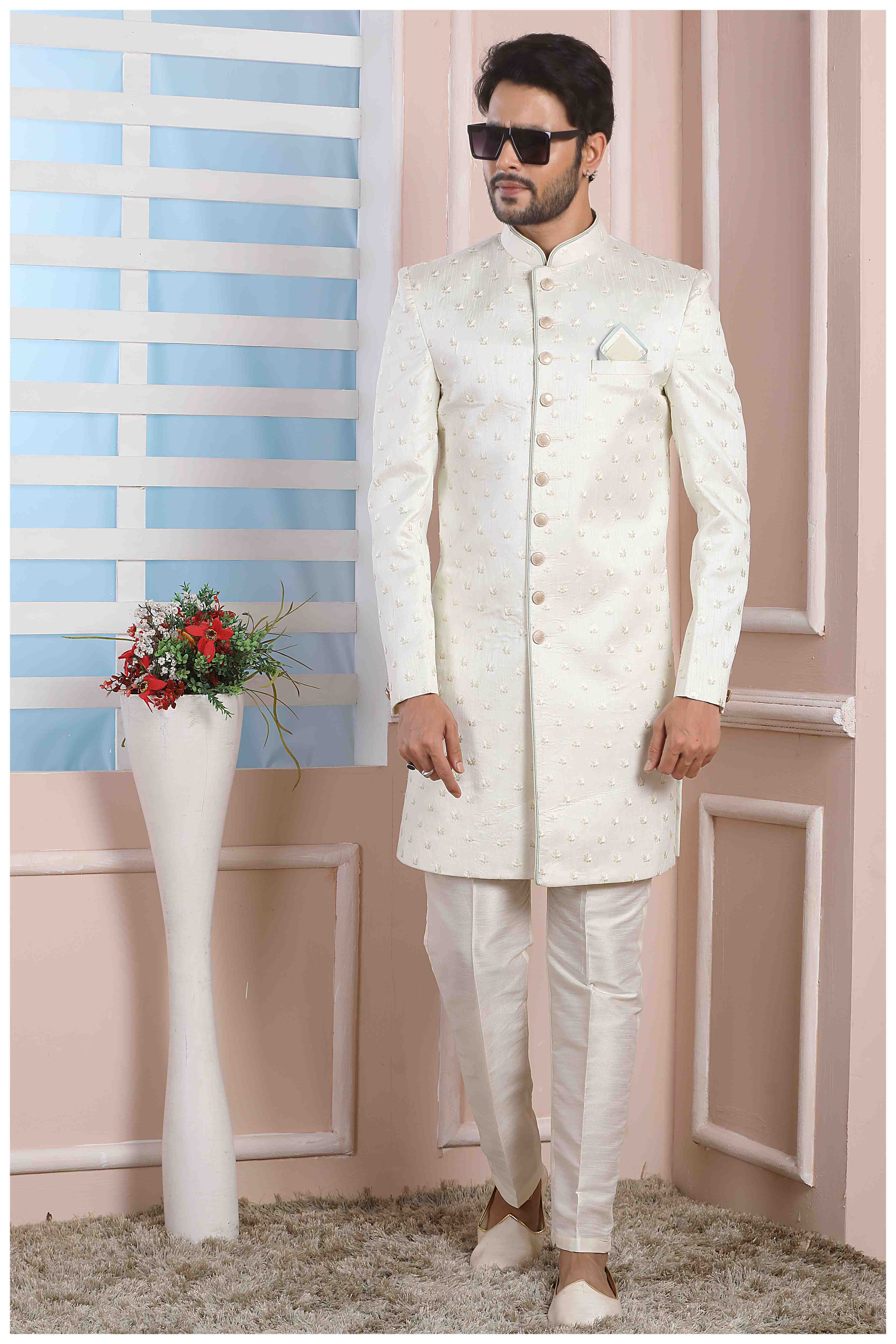 Raivat Ethnic Art Silk Thread Work Indo Western In Cream Colour - Distacart