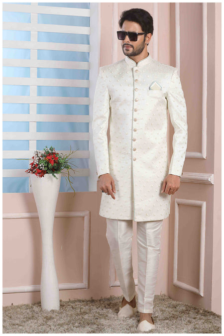 Raivat Ethnic Art Silk Thread Work Indo Western In Cream Colour