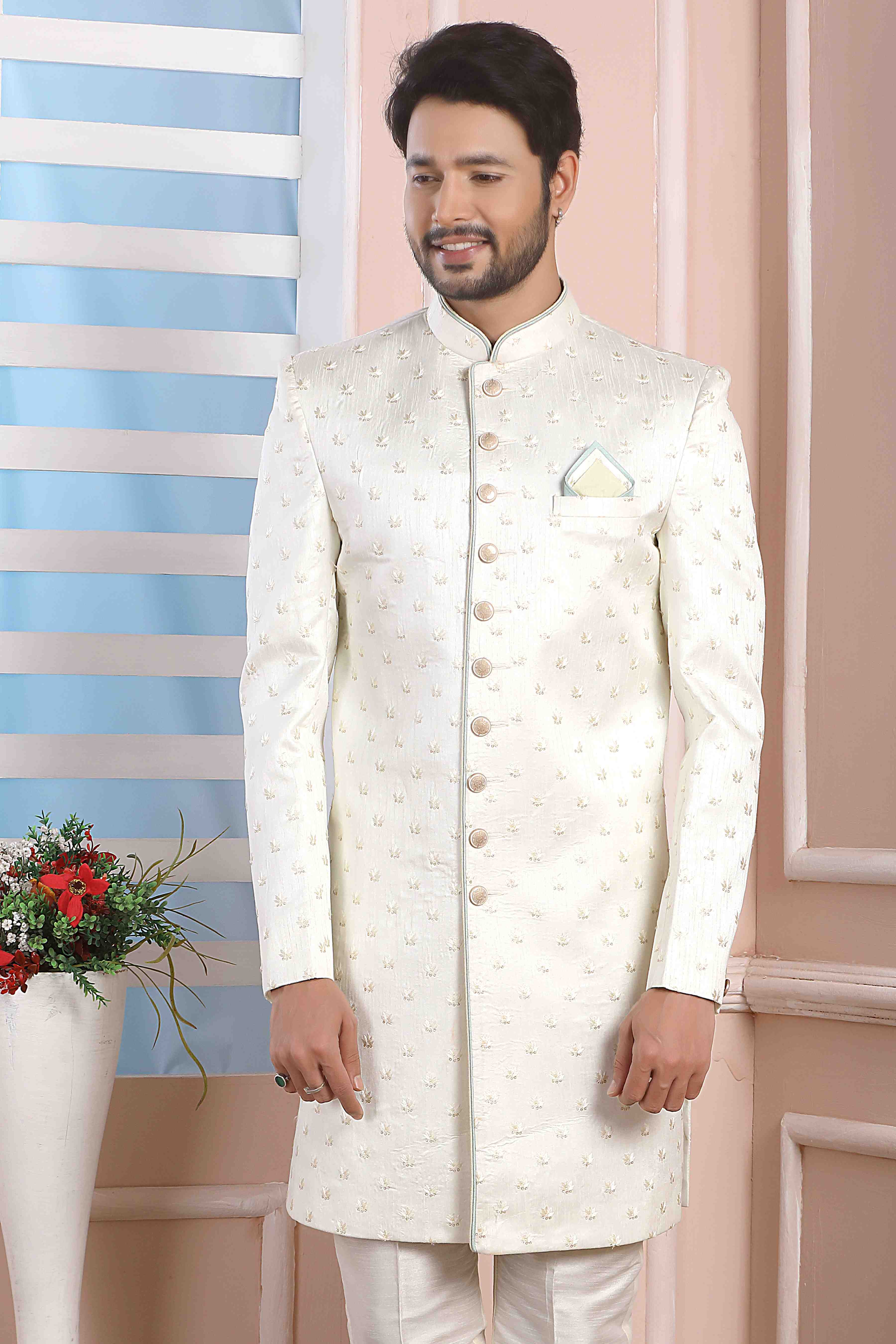 Raivat Ethnic Art Silk Thread Work Indo Western In Cream Colour - Distacart