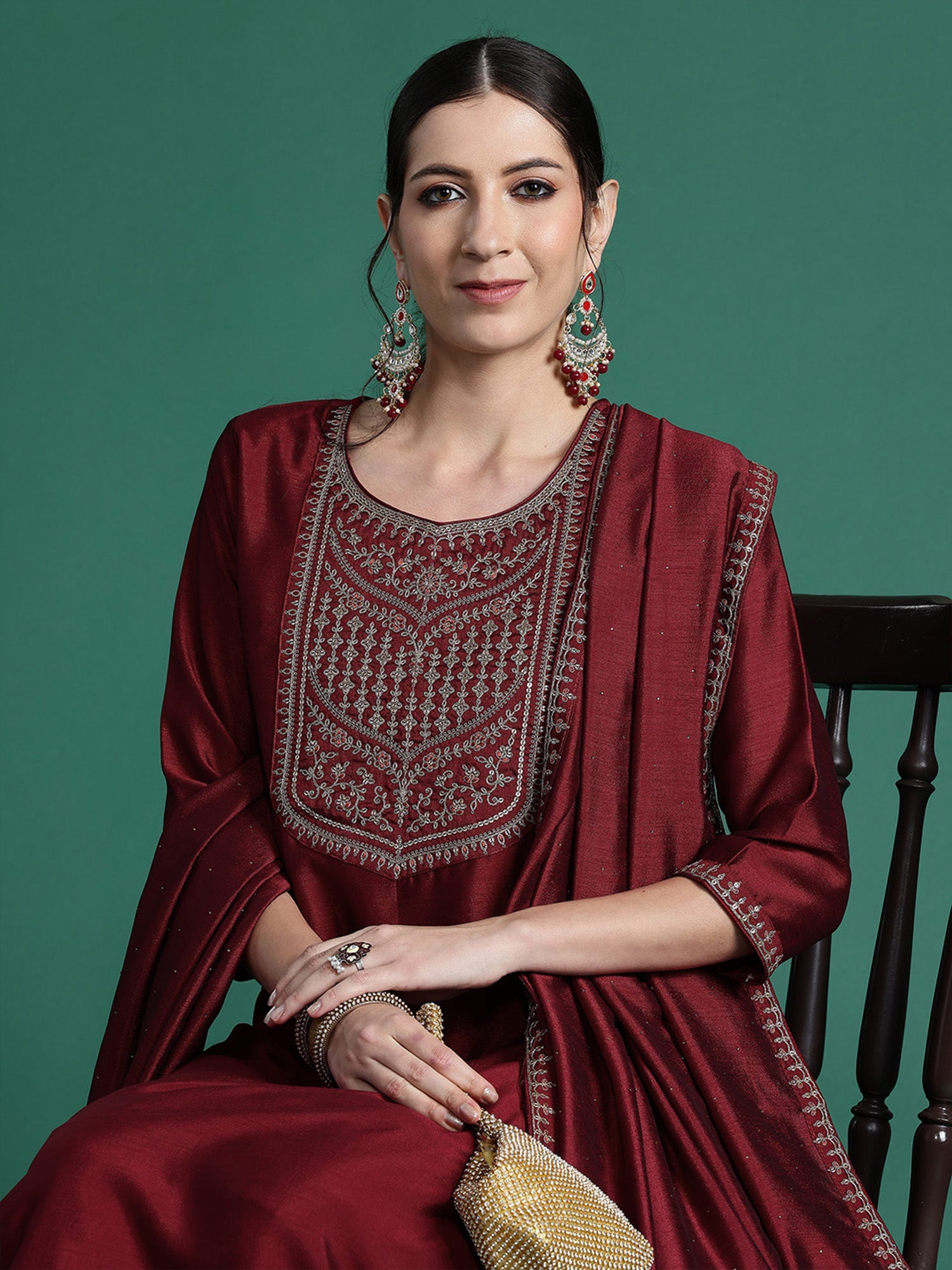 Indo Era Maroon Embroidered Straight Kurta Trousers With Dupatta set - Distacart