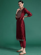 Indo Era Maroon Embroidered Straight Kurta Trousers With Dupatta set - Distacart